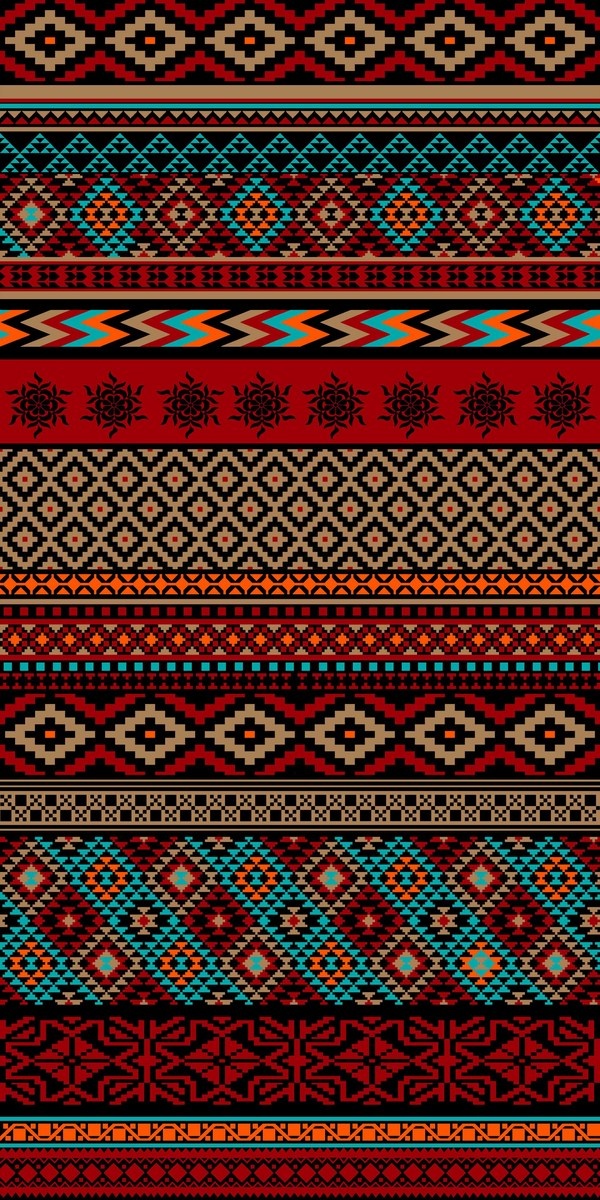 a red, blue and brown pattern with many different designs on it's sides