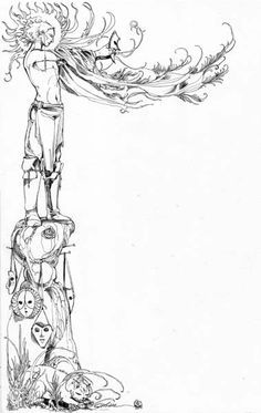 a black and white drawing of a man standing on top of a tall pole with flowers