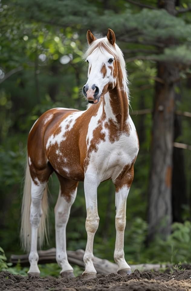 a brown and white horse standing in the woods