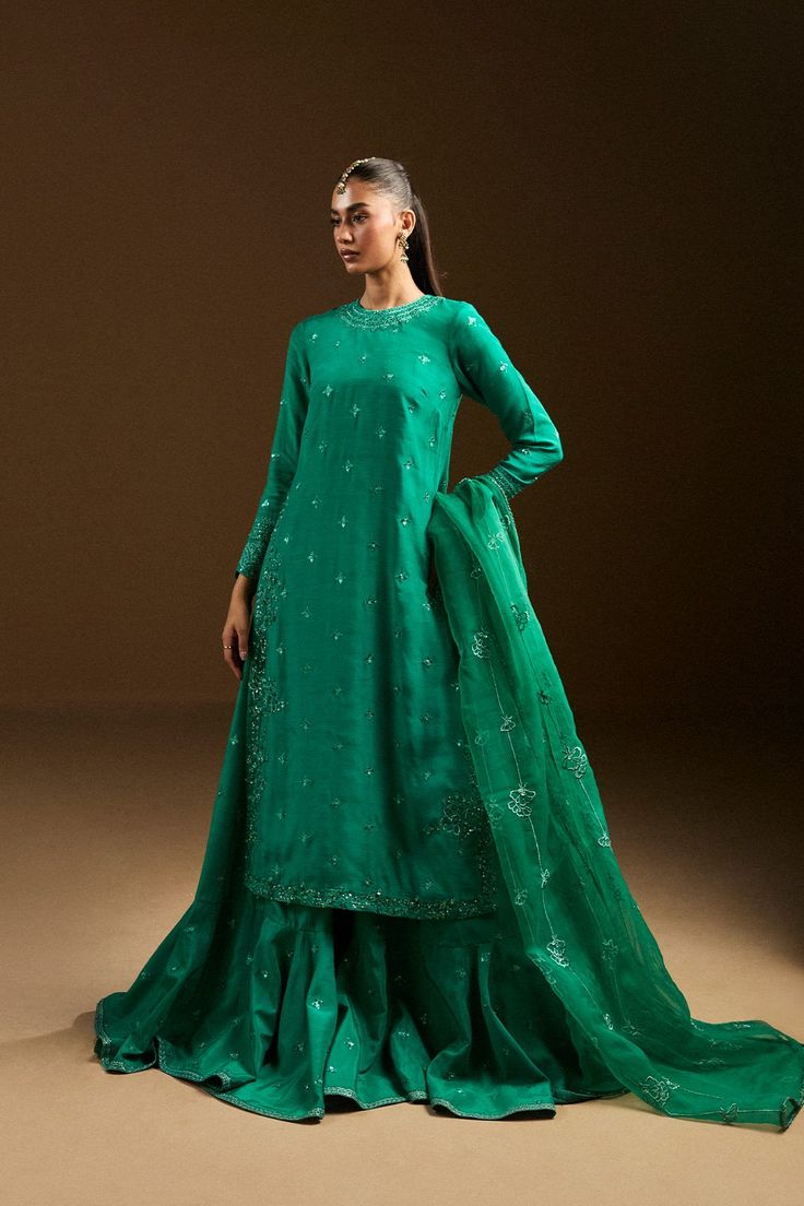 Aida Green Chinon Lehenga For Eid, Festive Green Palazzo Set With Dabka, Festive Green Dabka Palazzo Set, Green Bollywood Sharara With Dabka Detail, Designer Green Palazzo Set With Dabka, Green Sharara With Straight Kurta For Eid, Designer Green Dabka Palazzo Set, Green Chinon Sharara With Dupatta, Green Bollywood Sharara With Resham Embroidery