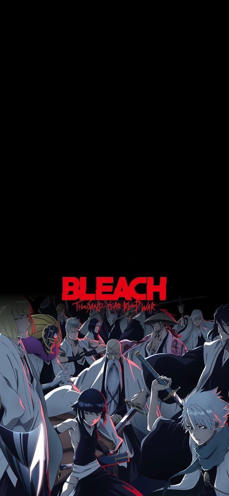 a group of people standing next to each other in front of a black background with the words bleach on it