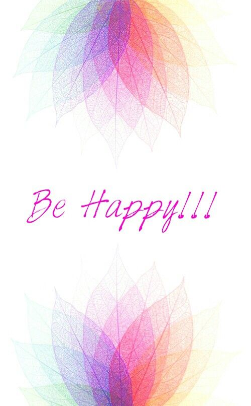 the words be happy are written in pink and blue colors on a white background with leaves