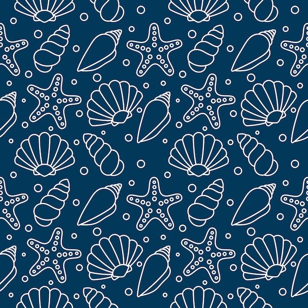 a blue background with white sea shells and starfish