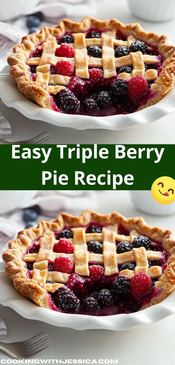 an easy triple berry pie recipe on a white plate