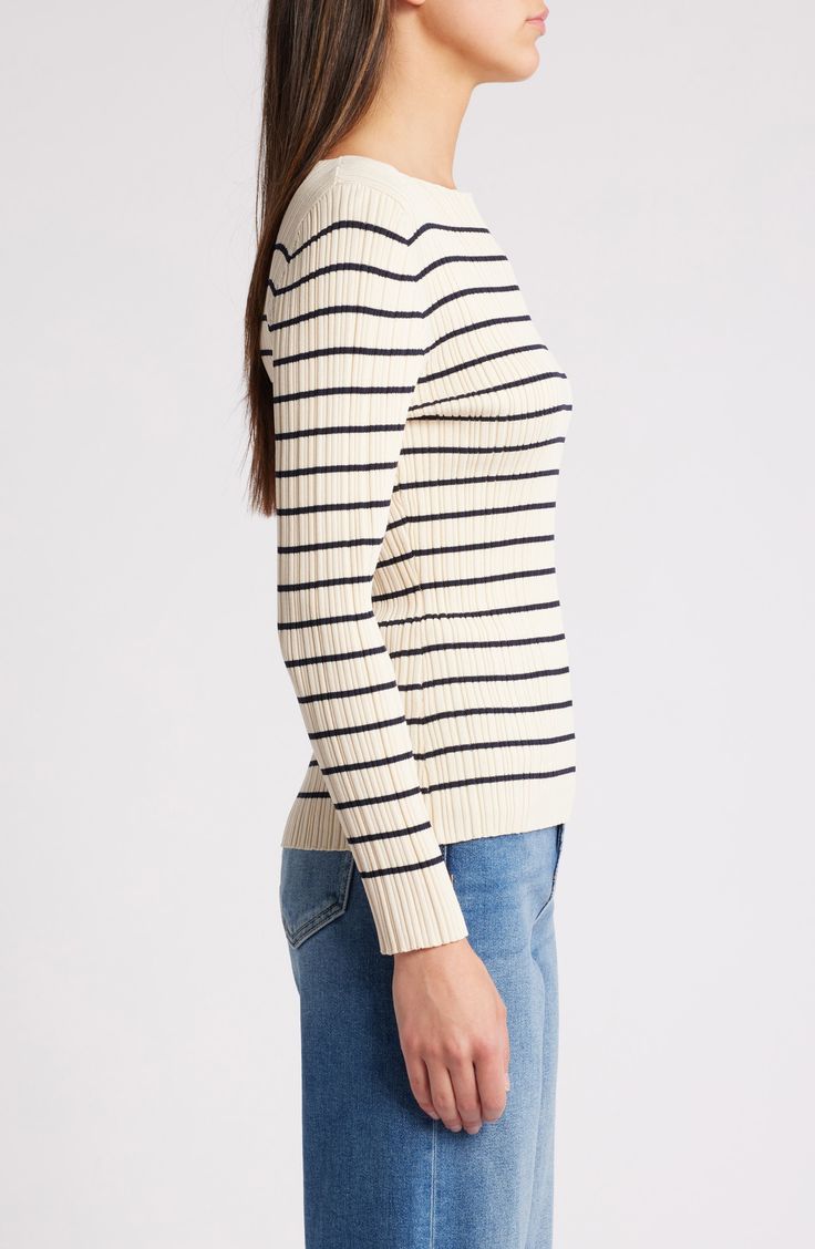 Lively stripes add eye-catching appeal to this close-fitting top textured in allover ribbing. 22" length Boat neck Long sleeves 65% polyester, 35% polyamide Machine wash, line dry Imported Chic Fitted Vertical Stripes Tops, Vertical Striped Fitted Tops, Chic Fitted Top With Vertical Stripes, Chic Fitted Tops With Vertical Stripes, Striped Textured Knit Top For Spring, Striped Textured Knit Top, Fitted Horizontal Stripe Spring Top, Chic Striped Ribbed Tops, Trendy Fitted Striped Knit Top