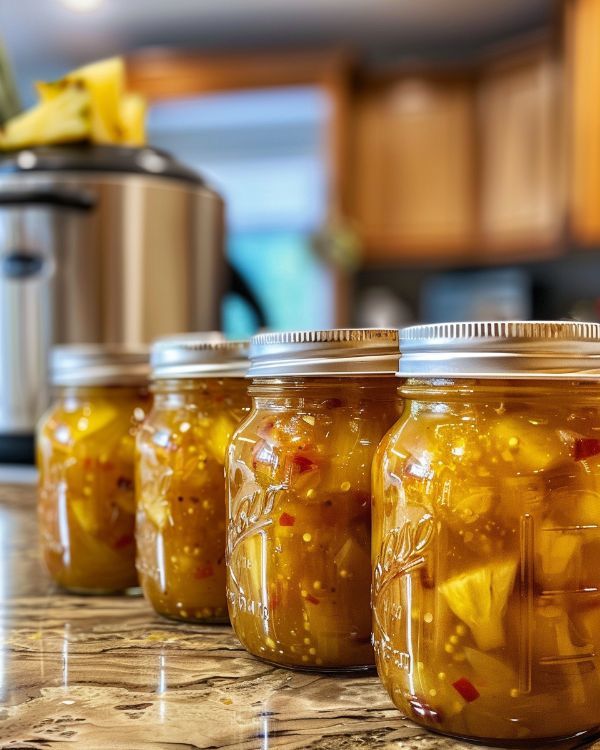 four jars filled with pickles sitting on top of a counter