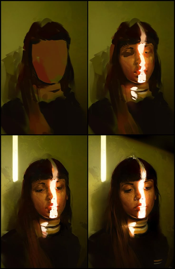 four different images of a woman's face with light coming from her mouth and nose