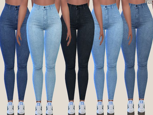 four different types of jeans for females with high waist and low waist, all in various colors