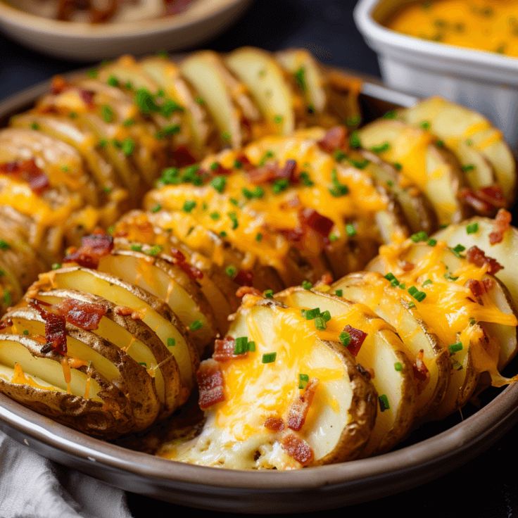 baked potatoes with cheese and bacon in a bowl