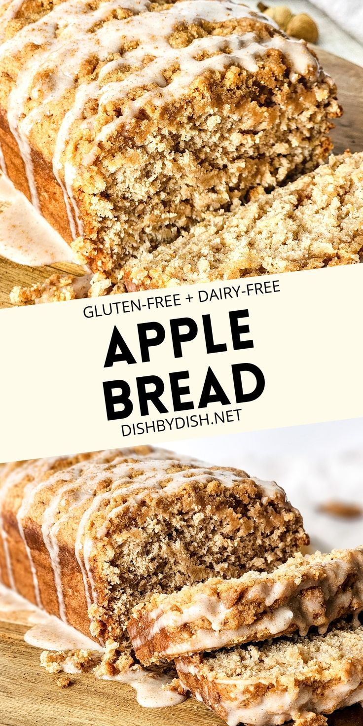 an apple bread is sliced and sitting on a cutting board