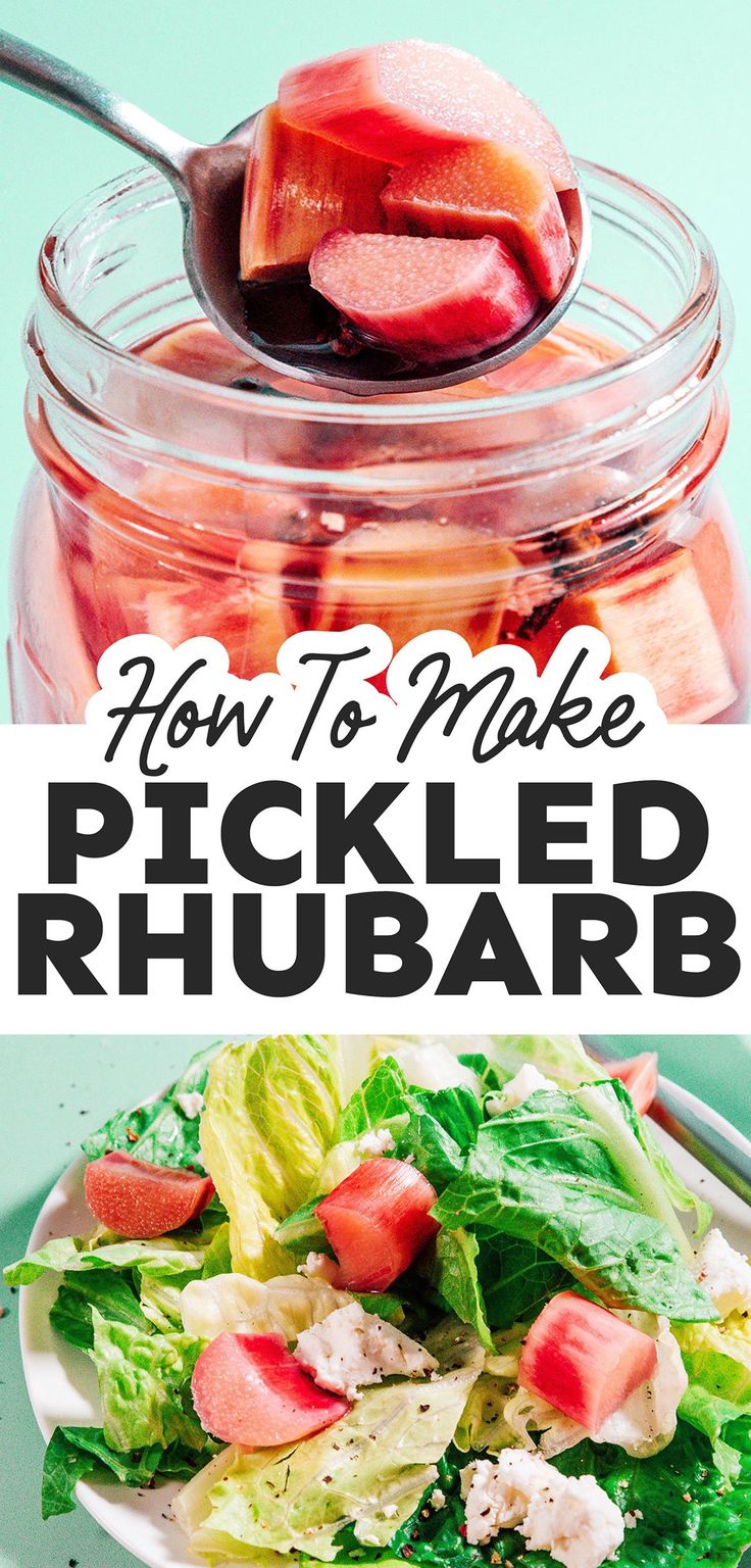 pickled rhubars in a jar with text overlay that reads how to make pickled rhubar