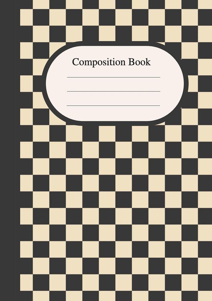 a black and white checkered composition book with a blank label on the front cover