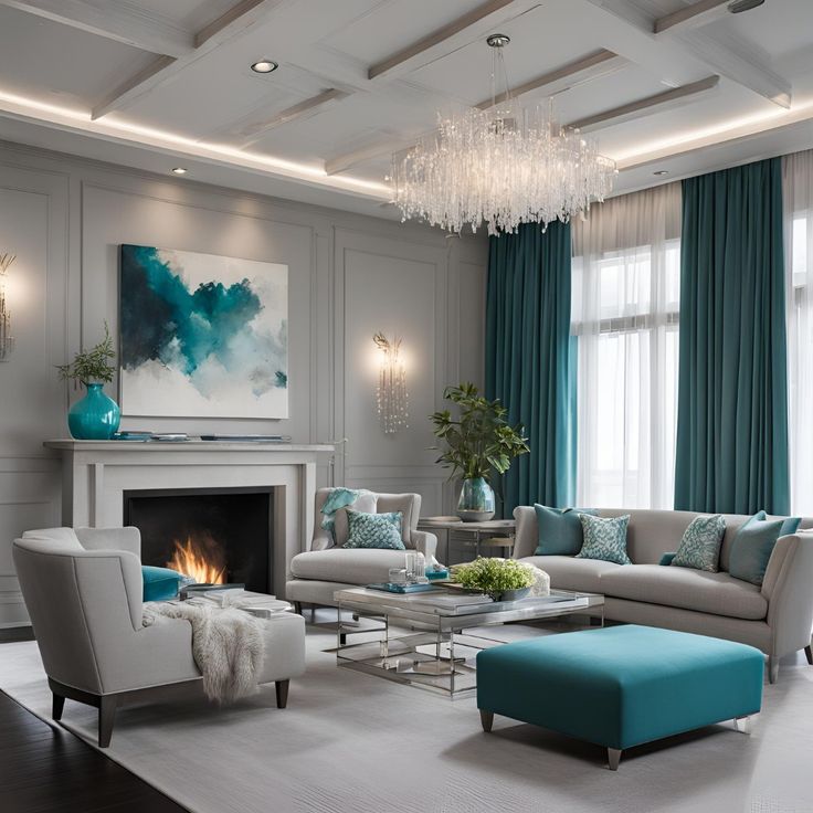 a living room filled with furniture and a fire place under a chandelier hanging from the ceiling