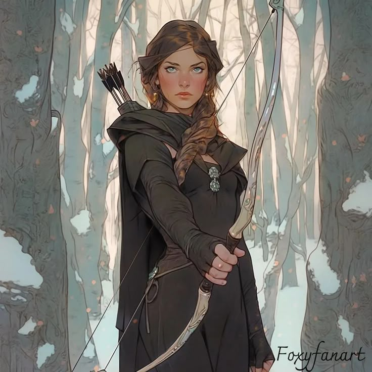 a painting of a woman holding a bow and arrow in front of some trees with snow on the ground