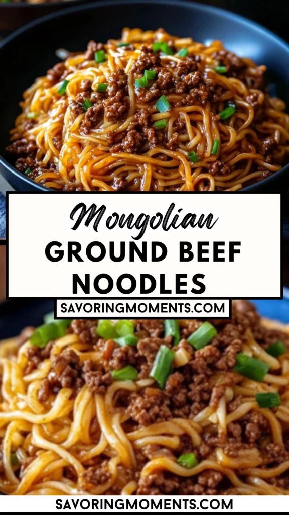 ground beef noodles in a skillet with green onions and chili on the side text overlay says mountain ground beef noodles