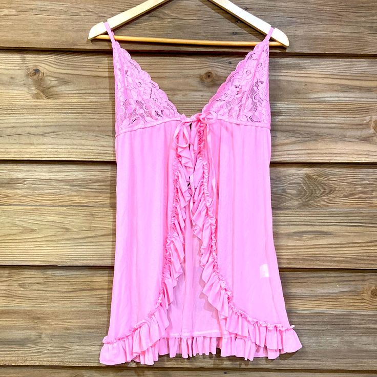 Hot Pink Sheer And Lace Nightie With Ruffles. Ties In The Front, Never Worn. Flirty Pink V-neck Sleepwear, Lace Sleepwear For Summer Sleepovers, Summer Lace Sleepwear For Sleepover, Feminine Cami Sleepwear For Night, Flirty V-neck Sleepwear For Night, Flirty V-neck Sleepwear, Delicate Lace V-neck Sleepwear For Loungewear, Pink Lace Sleepwear For Bedtime, Delicate Lace Sleepwear Camisole For Bedtime