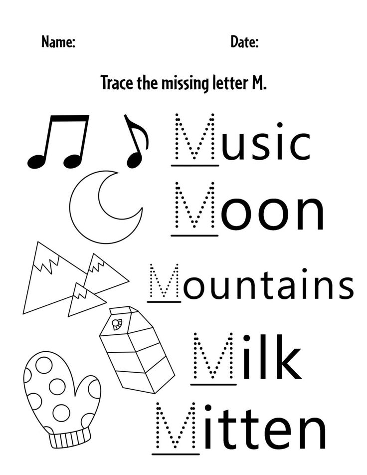 the letter m is for music moon mountains milk mitten and an image of a musical note