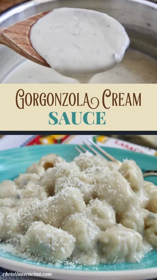 a close up of a plate of food with sauce on it and the words gorgonzozola cream sauce