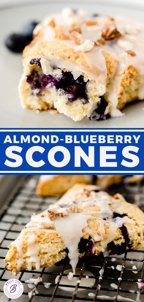 blueberry scones on a cooling rack with the words almond - blueberry scones