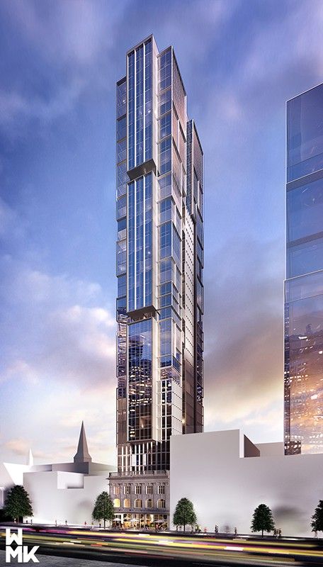 an artist's rendering of a tall building in the middle of a city at dusk