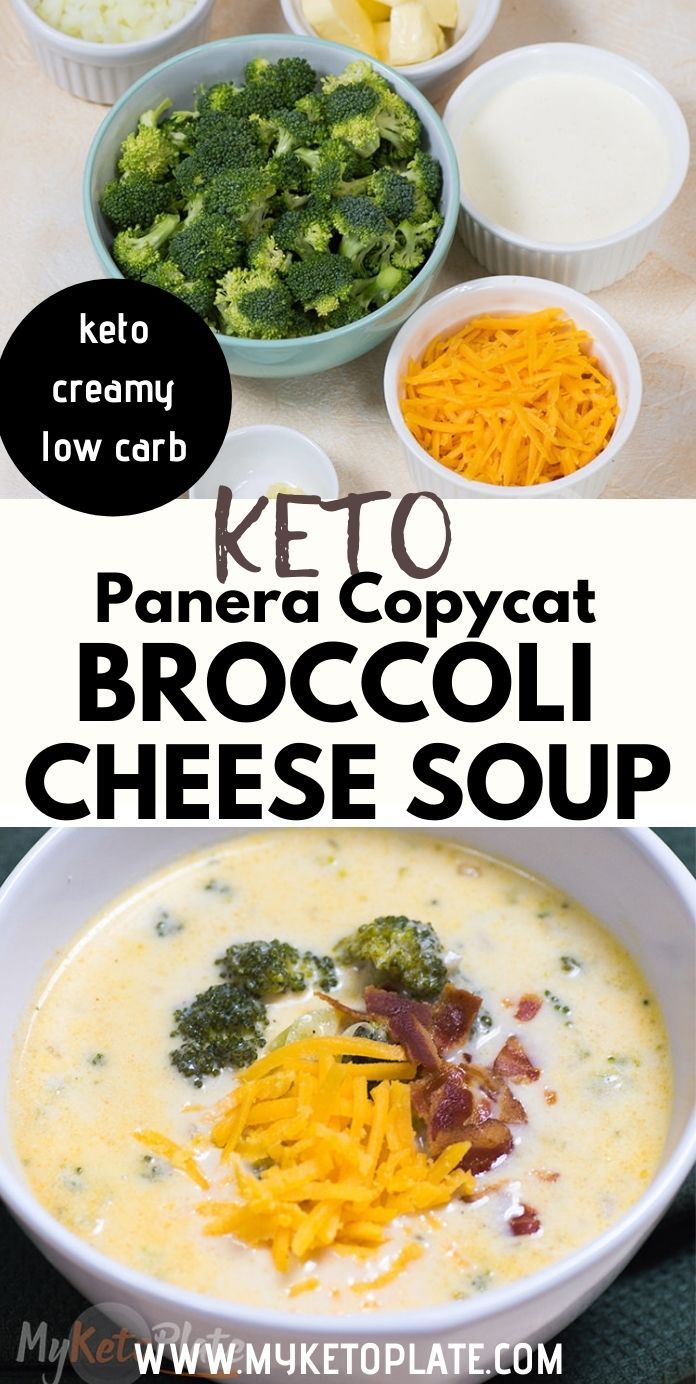 broccoli and cheese soup in bowls with the words keto panera copy