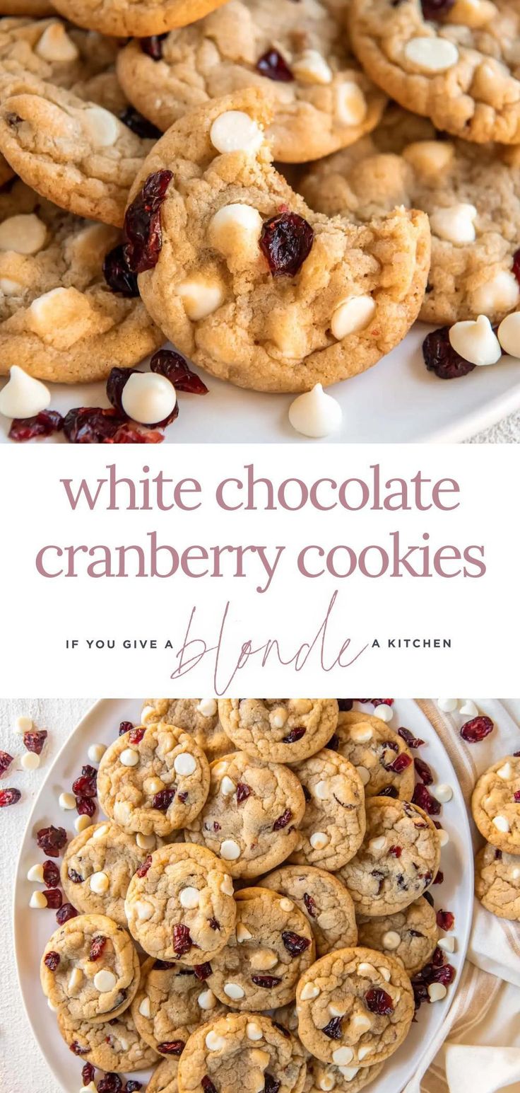 white chocolate cranberry cookies are on a plate