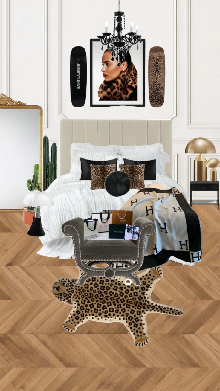 the bedroom is decorated in leopard print and chevron wood flooring, along with an upholstered bed