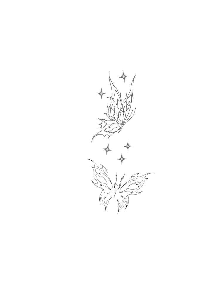 a drawing of two butterflies with stars in the sky above them on a white background