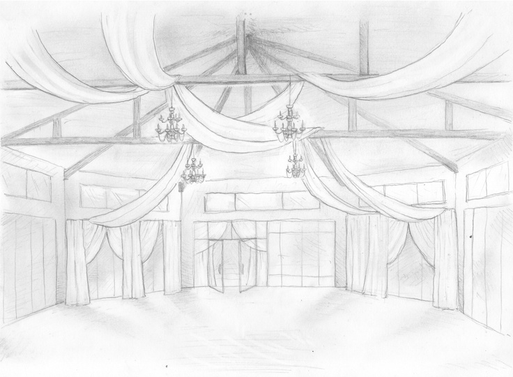 a drawing of a stage with curtains and chandeliers