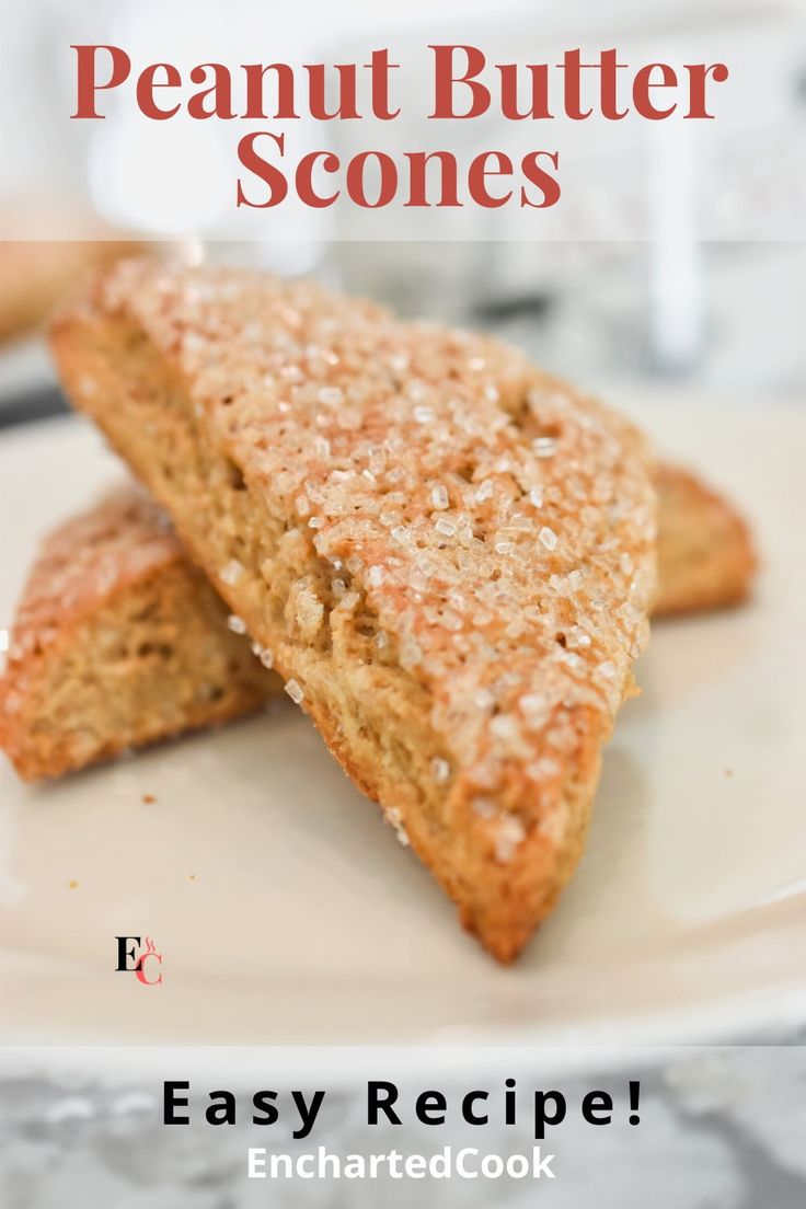 two pieces of peanut butter scones on a white plate with the words easy recipe