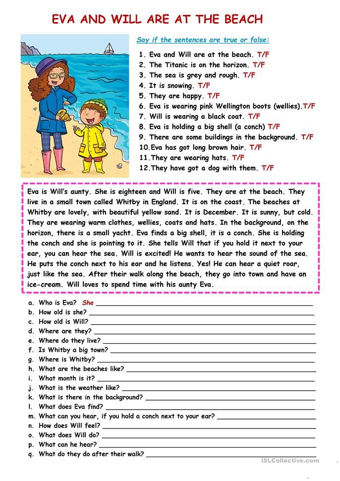 an english worksheet with the words eva and will are at the beach on it