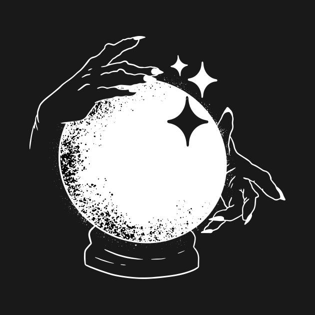 two hands reaching out to touch a crystal ball with stars on it in black and white