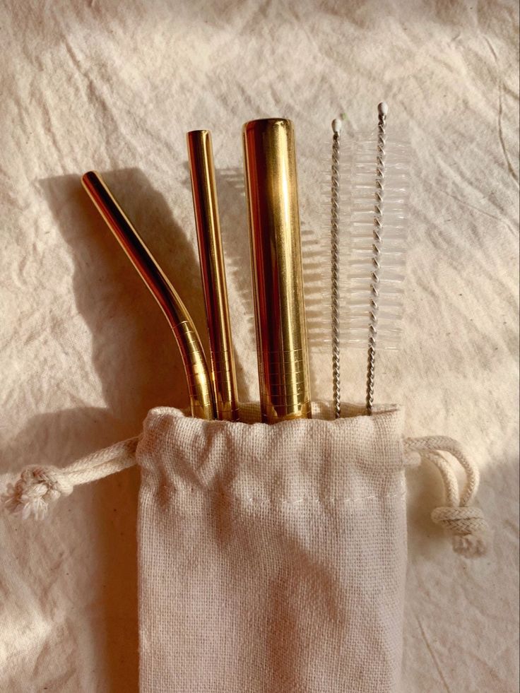 four gold colored brushes in a pouch on a white surface