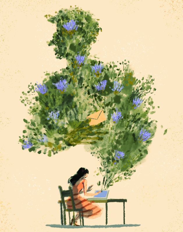 a painting of a woman sitting at a table under a tree with blue flowers on it