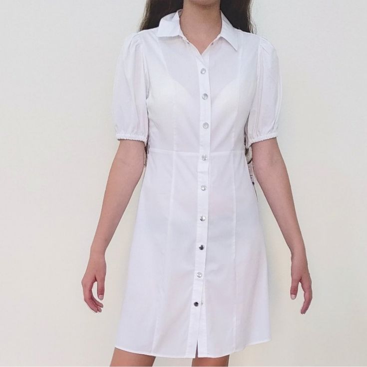 White Shirt Mini Dress Brand: Nanette Lepore Size:2 Color: White Silver Snap Buttons Down Closure Shirtdress Style Tide Waist Strap Lining Dress (Inside) Elastic Short Sleeves With New With Tags !Please See All Pictures For Details About Style And Measurements! Sleeveless Collared Dress, Elegant Midi Dress, Shirt Mini Dress, Fiesta Dress, Blue Sundress, Nanette Lepore Dress, Girls Black Dress, Nautical Dress, Elegant Midi Dresses