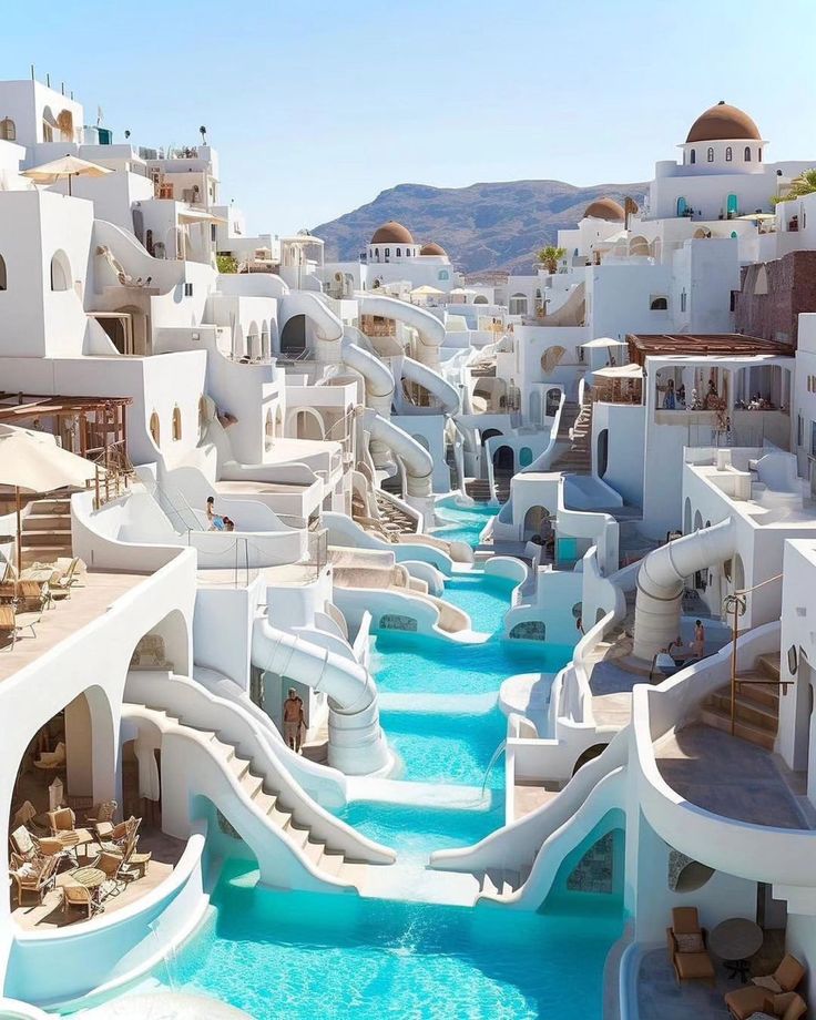 an outdoor swimming pool in the middle of a city with white buildings and blue water