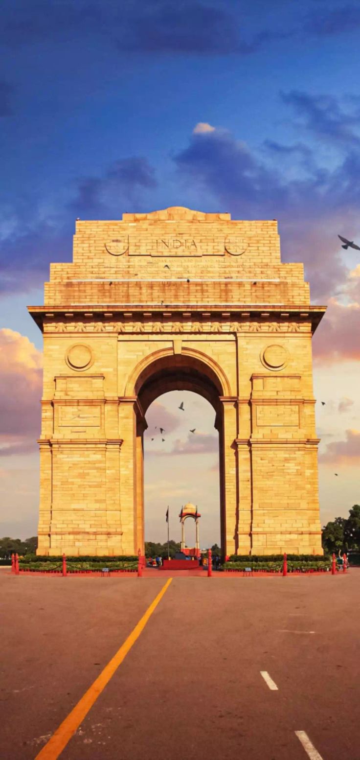 birds flying around the arch of triumph in india