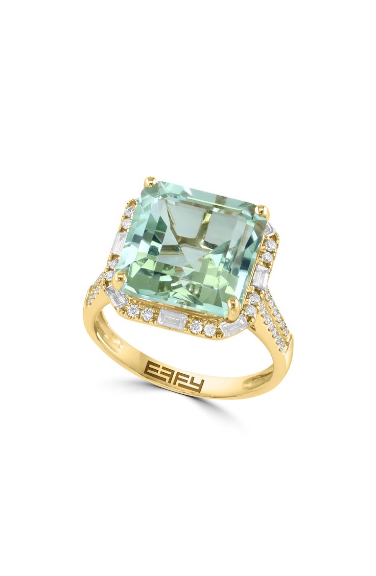 A green amethyst adds a pop of color to a 14-karat-gold ring with a diamond halo for enhanced shine. 0.59" band width Total amethyst weight: 8.3ct. Total diamond weight: 0.44ct. Color: H–I Clarity: I1–I2 14k gold/amethyst/diamond Made in the USA Diamond Guide Luxury Green Amethyst Rings For Gift, Luxury Green Amethyst Rings With Gemstone Accents, Luxury Yellow Gold Green Amethyst Ring, Luxury Green Multi-stone Amethyst Ring, Green Multi-stone Amethyst Ring Gift, Green Amethyst Ring, Diamond Guide, Green Amethyst, Halo Diamond