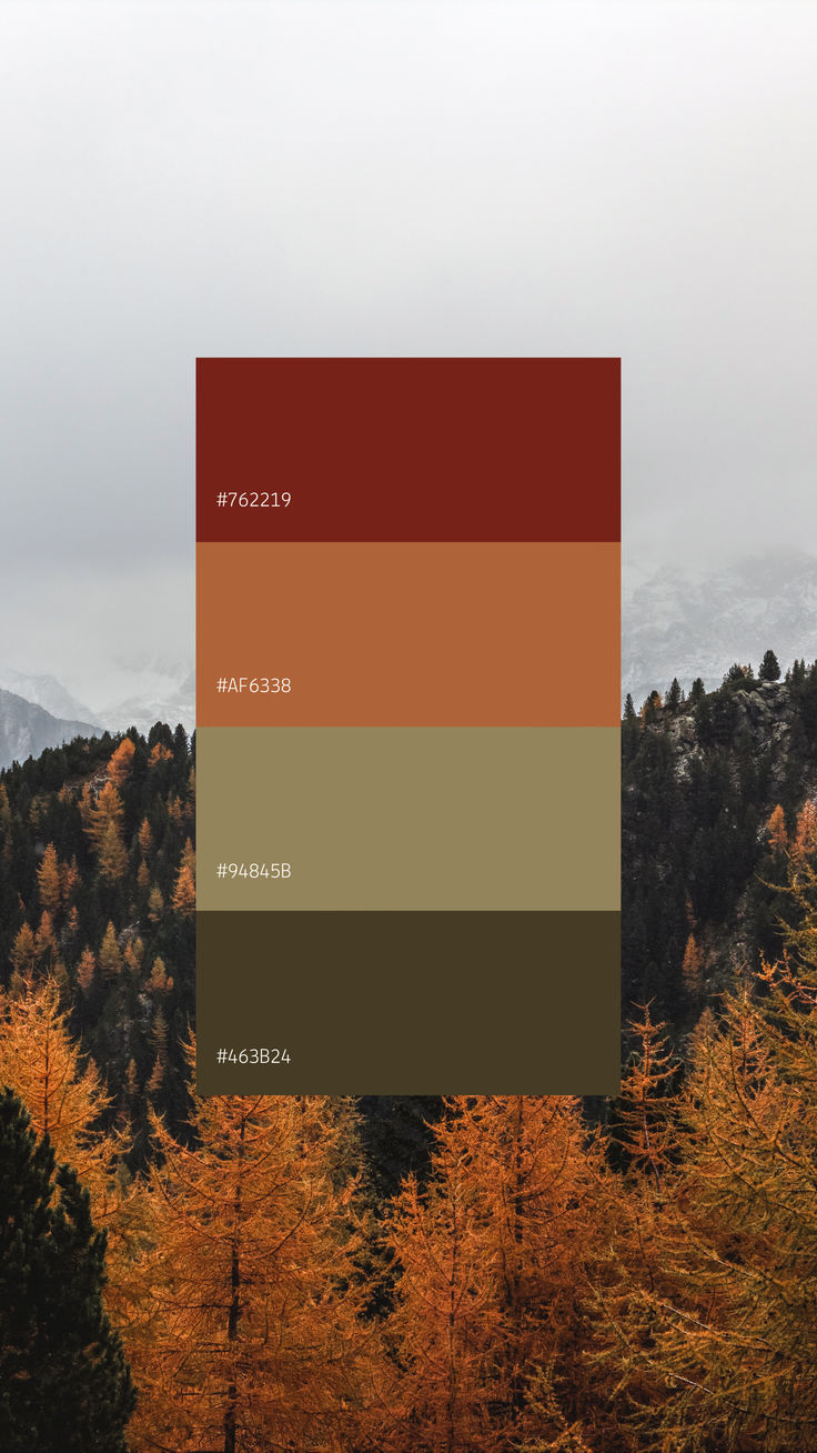 the color palette is brown, red, and green with some yellow trees in the background