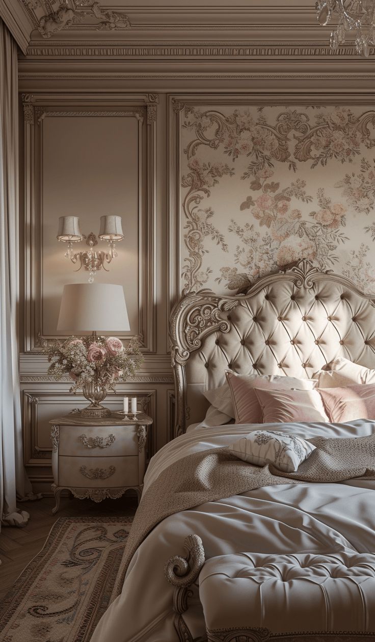 a bedroom with a bed, nightstands and chandelier