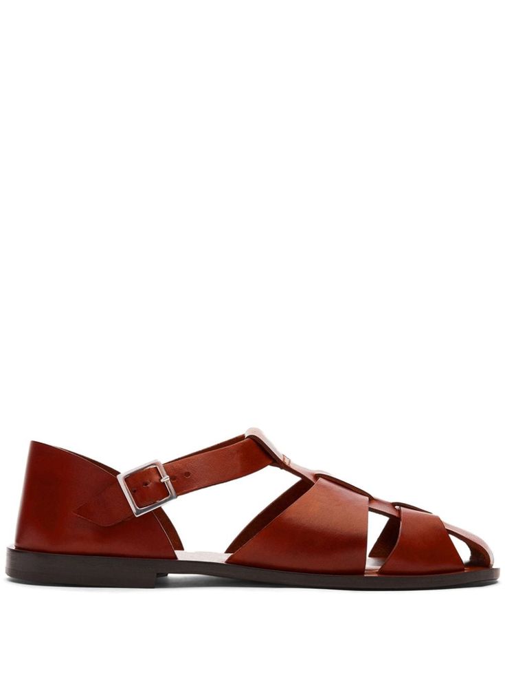 cognac brown calf leather silver-tone hardware side buckle fastening branded insole flat leather sole Balenciaga Track, Sandals Brown, Brown Leather Sandals, Balenciaga Triple S, Summer Beach Wear, Derby Shoes, Leather Silver, Espadrille Shoes, Athletic Sneakers