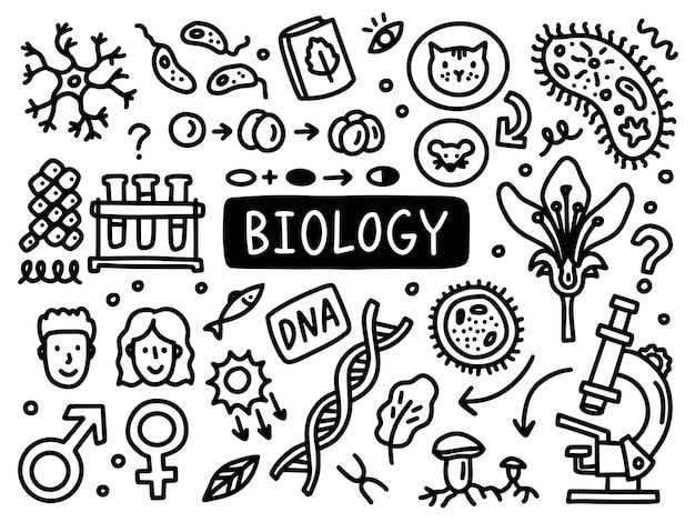 the word biology surrounded by doodles of different types of plants, animals and other things