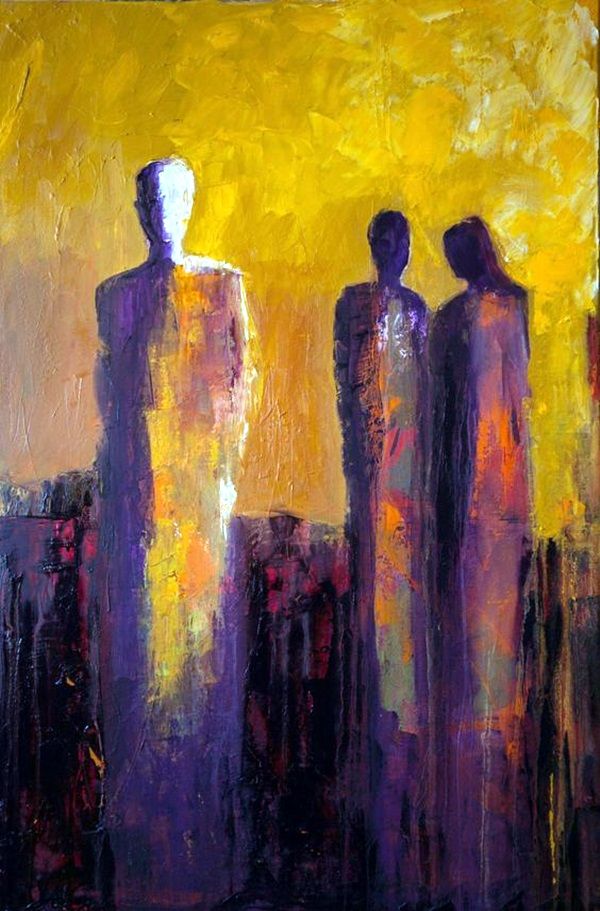 an abstract painting of three people standing in front of a cityscape at sunset