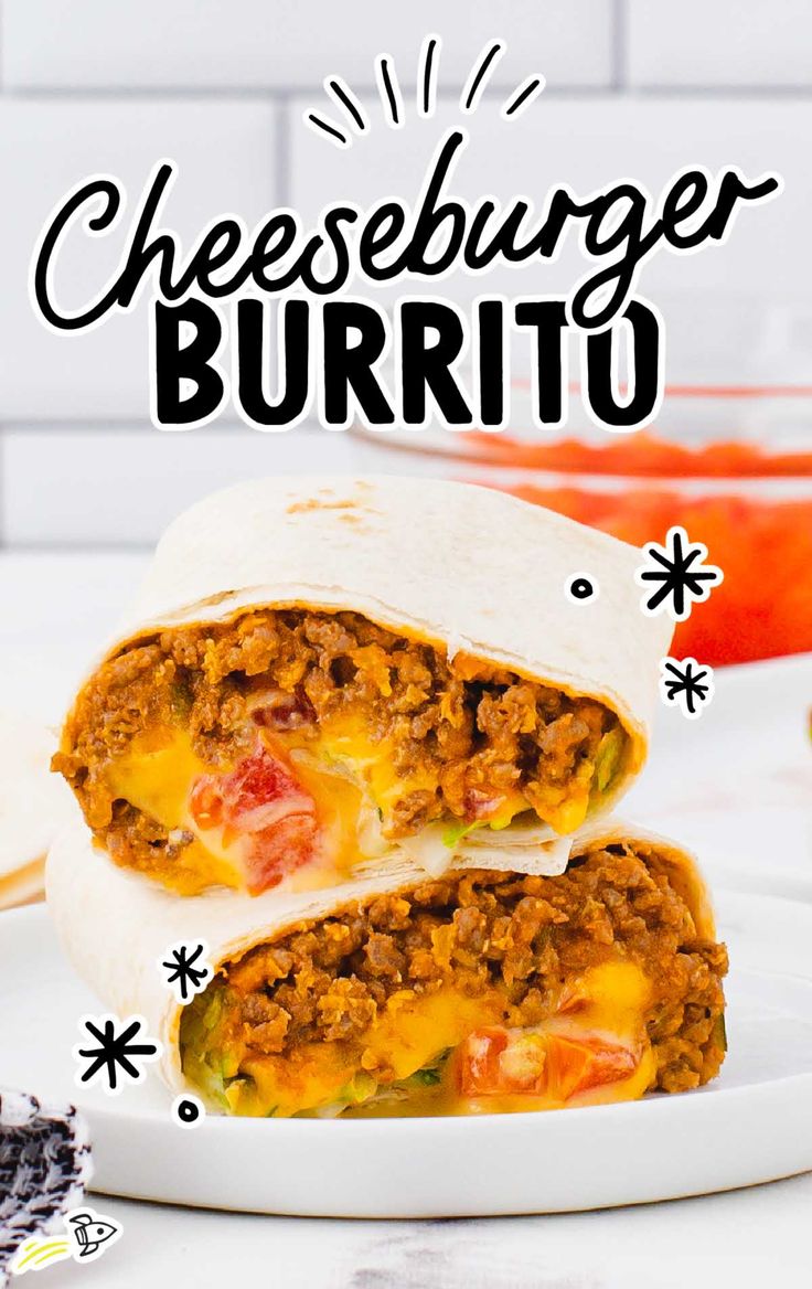 two burritos on a plate with the words cheeseburger burrito