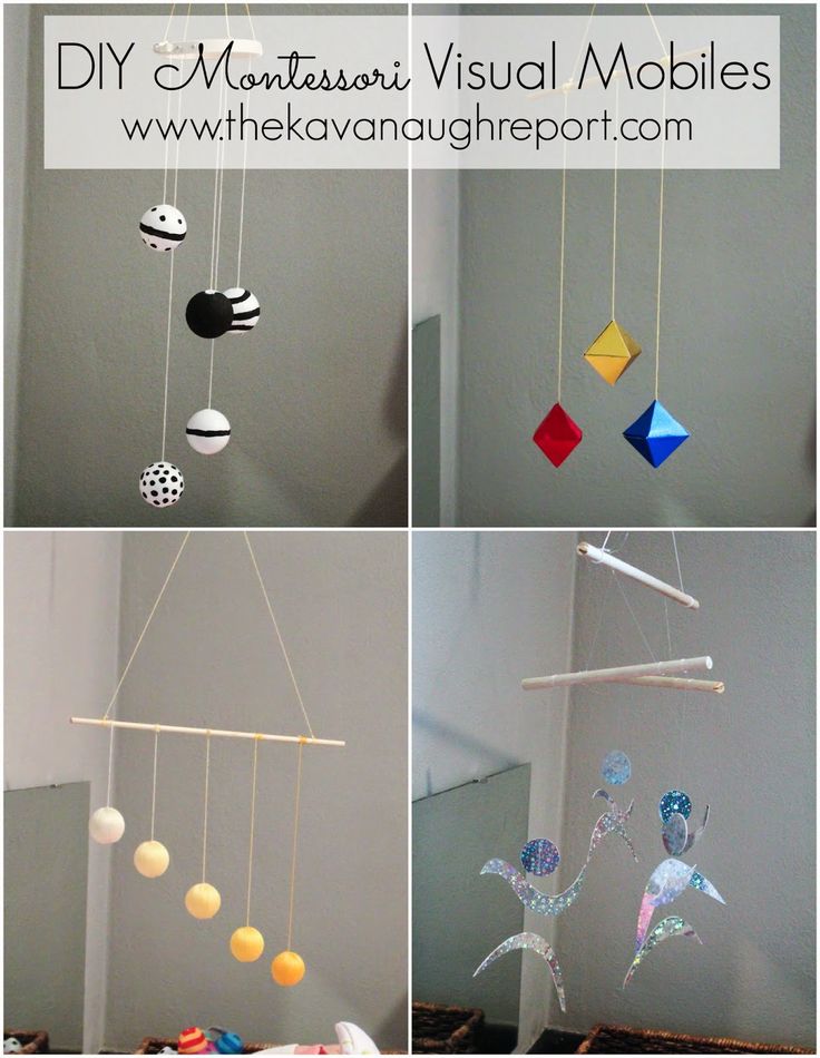 four pictures of different mobiles hanging from the ceiling and in front of a mirror with text that reads diy montessori visual mobiles