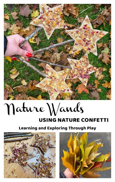 some leaves and branches are arranged in the shape of stars with text that reads nature wands using nature confetti learning and exploring through play