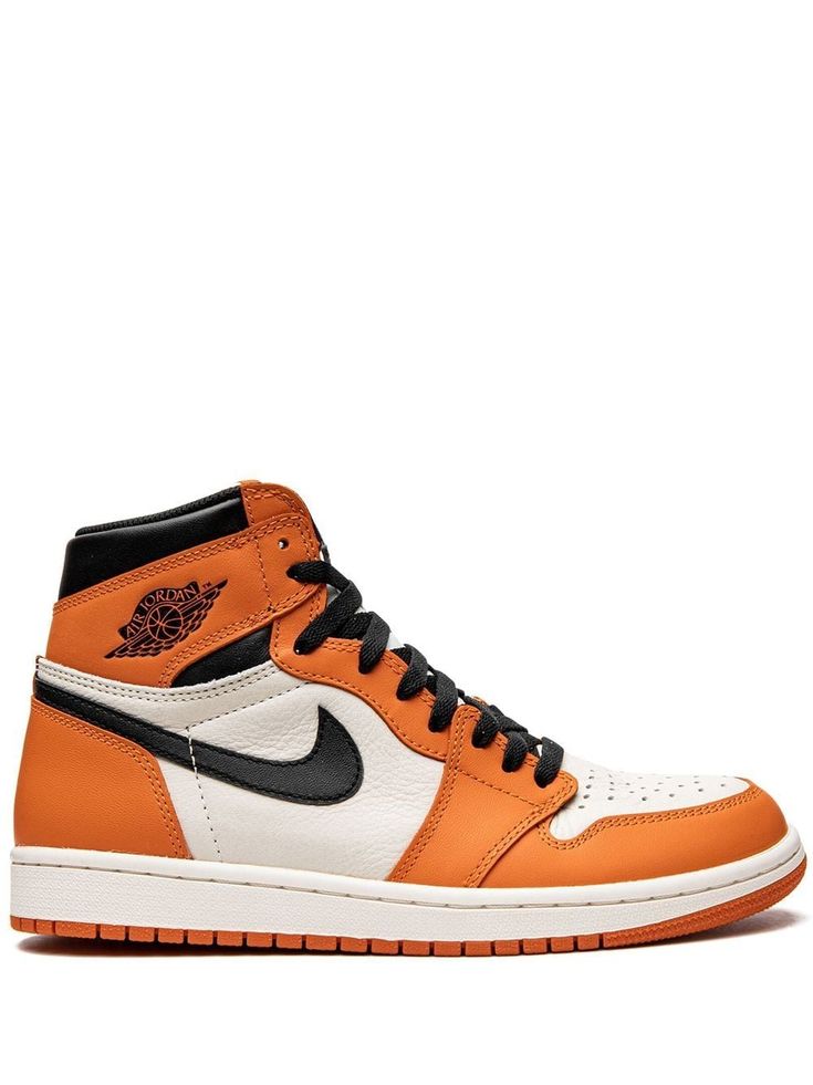 orange/white/black leather signature Swoosh logo detail signature Air Jordan Wings logo perforated toebox round toe front lace-up fastening logo patch at the tongue flat rubber sole These styles are supplied by a premium sneaker marketplace. Stocking only the most sought-after footwear, they source and curate some of the most hard to find sneakers from around the world. Orange And Black Shoes, Nike Shoes Orange, Orange Nike Shoes, Jordan Wings, Pretty Sneakers, Gentlemen Wear, Shoes Orange, Shattered Backboard, Orange Sneakers