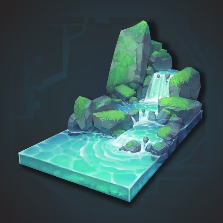 a stylized image of a waterfall in the middle of a river with rocks and water