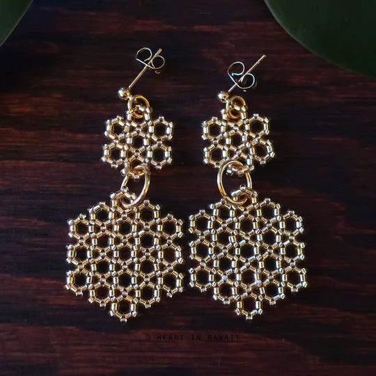 Heart in Hawaii Beaded Honeycomb Earrings – Temple Tree | Heart in Hawaii Geometric Beaded Gold Earrings, Handmade Geometric Gold Earrings, Gold Beaded Geometric Earrings, Gold Geometric Beaded Earrings As A Gift, Gold Geometric Beaded Earrings For Gift, Gold Geometric Beaded Earrings, Geometric Gold Beaded Earrings, Geometric Beaded Gold Jewelry, Gold Beaded Geometric Jewelry