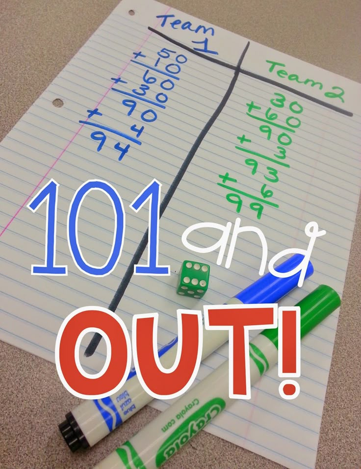 the words 101 and out are written on lined paper with dices, pens and markers